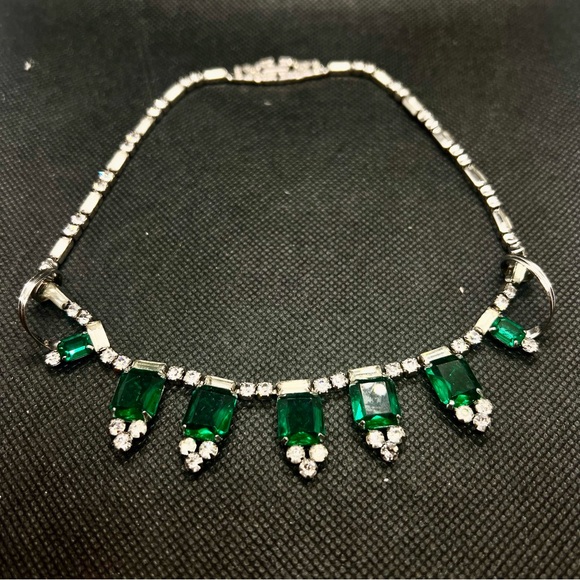 RARE Phyllis Sterling Silver 1940s Festoon‎ Choker Necklace Emerald Green